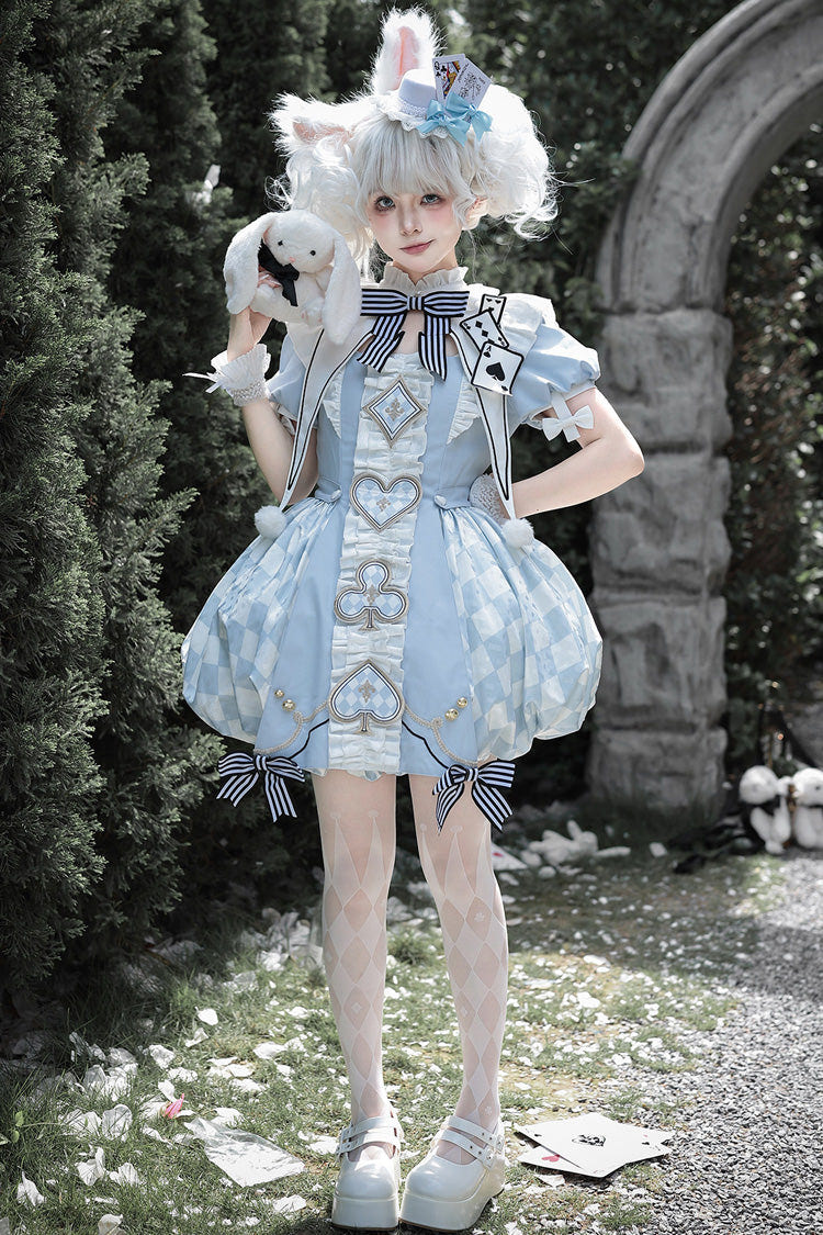 Blue [Dedicated to Alice] Square Collar Short Sleeves Jacquard Printed Ruffled Bow Sweet Lolita Dress Set - Product - 6