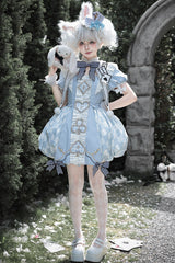 Blue [Dedicated to Alice] Square Collar Short Sleeves Jacquard Printed Ruffled Bow Sweet Lolita Dress Set - Product - 6