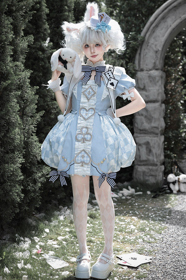 Blue [Dedicated to Alice] Square Collar Short Sleeves Jacquard Printed Ruffled Bow Sweet Lolita Dress Set - Product - 6