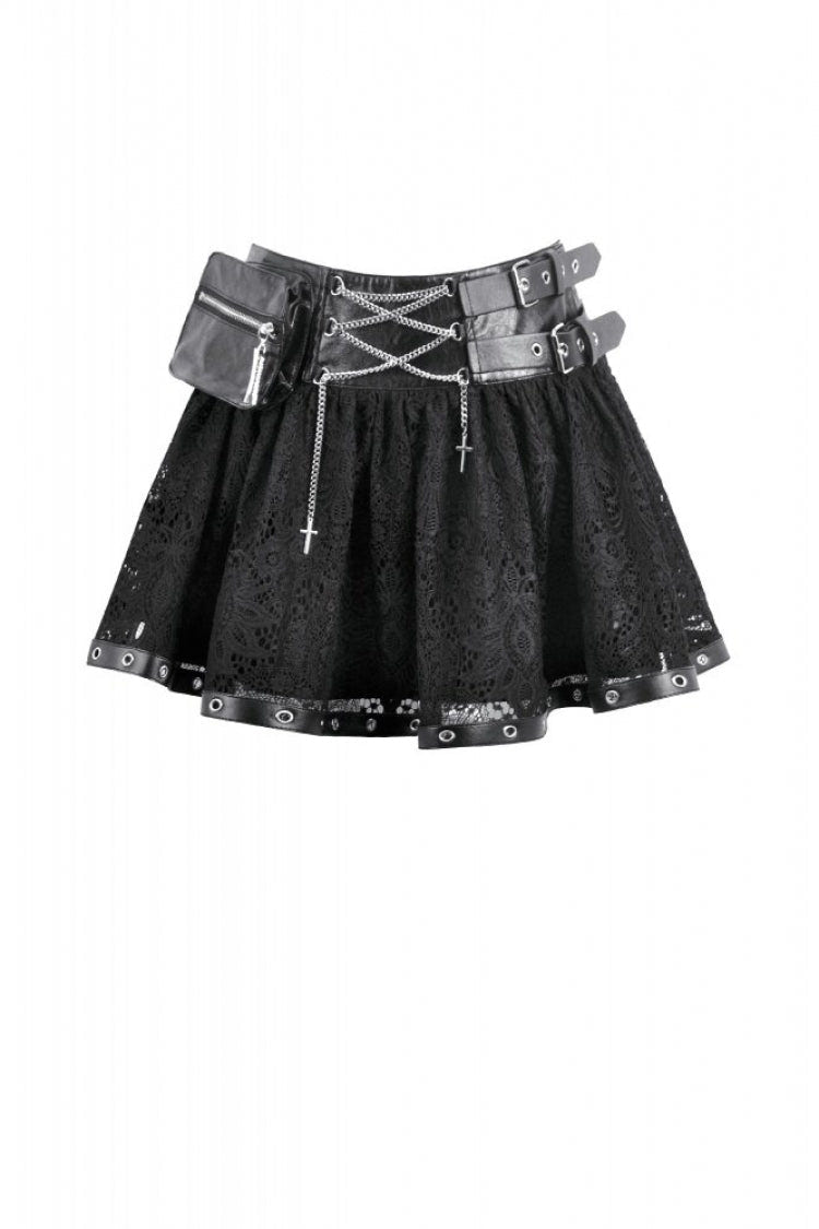 Black Chain-Decorated Eyelet Buckled Straps Lace Women's Gothic Mini Skirt - Product - 3