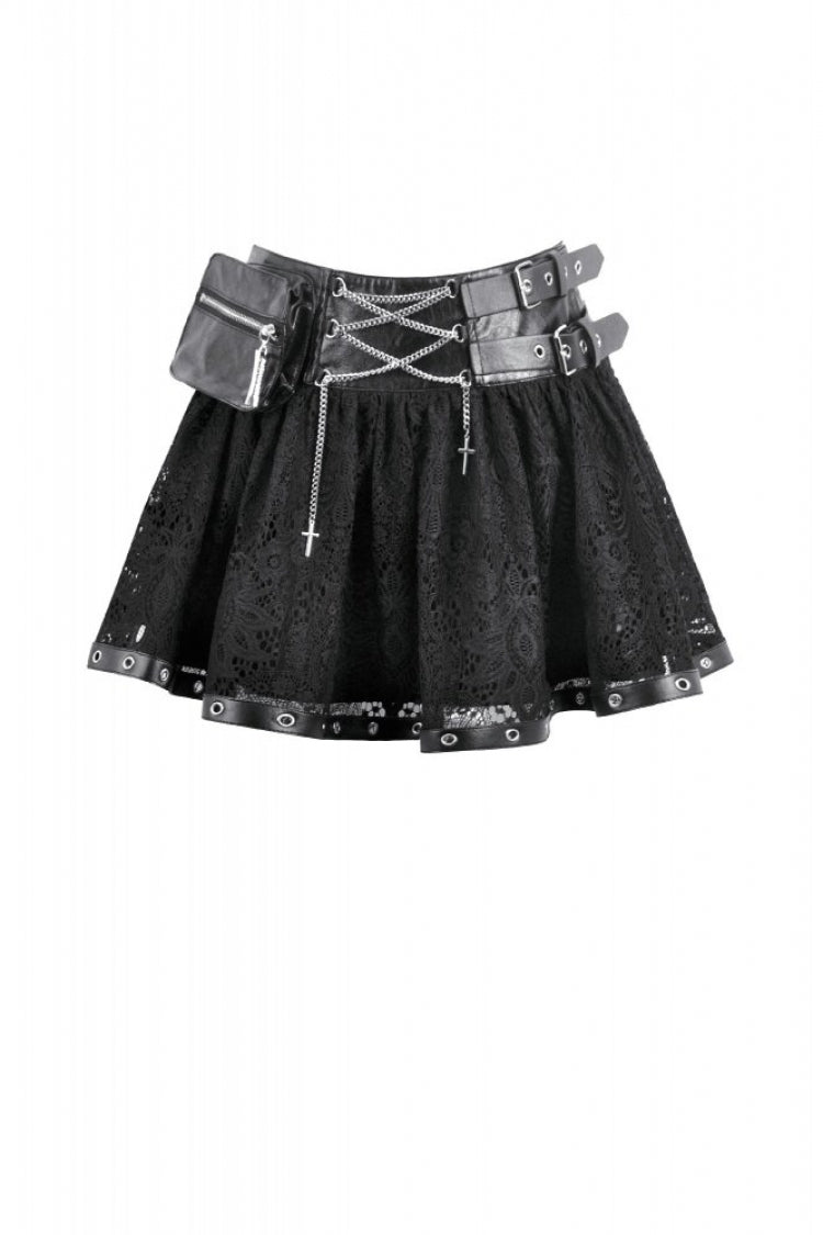 Black Chain-Decorated Eyelet Buckled Straps Lace Women's Gothic Mini Skirt - Product - 3
