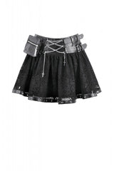 Black Chain-Decorated Eyelet Buckled Straps Lace Women's Gothic Mini Skirt - Product - 3