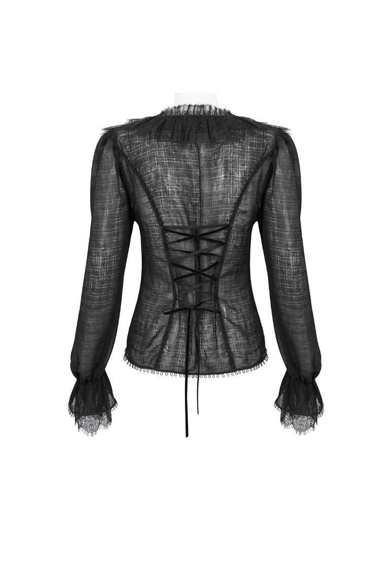 Black Thin Waist Plaid Stitching Layered Lace Long Sleeves Women's Gothic Shirt - Product - 7
