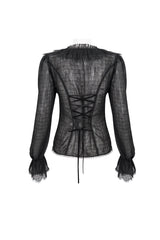 Black Thin Waist Plaid Stitching Layered Lace Long Sleeves Women's Gothic Shirt - Product - 7
