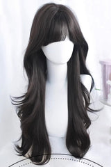 Black Tea Brown Curtain Bangs Long Loose Wavy Sweet Lolita Wig - Product - 2