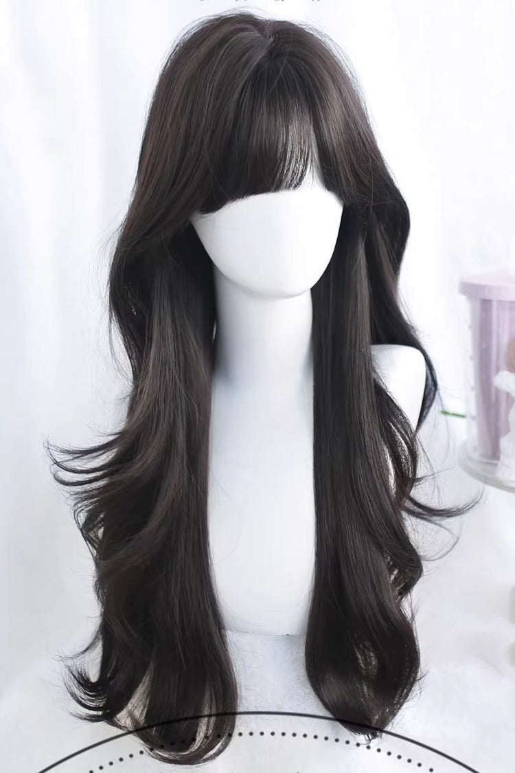 Black Tea Brown Curtain Bangs Long Loose Wavy Sweet Lolita Wig - Product - 2