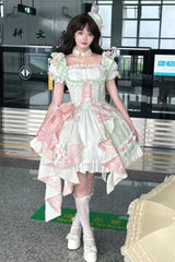 [Spring Overture] Square Collar Short Sleeves Ruffle Cardigan Bowknot Lace Sweet Elegant Lolita Skirt Set 4 Colors - Product - 12