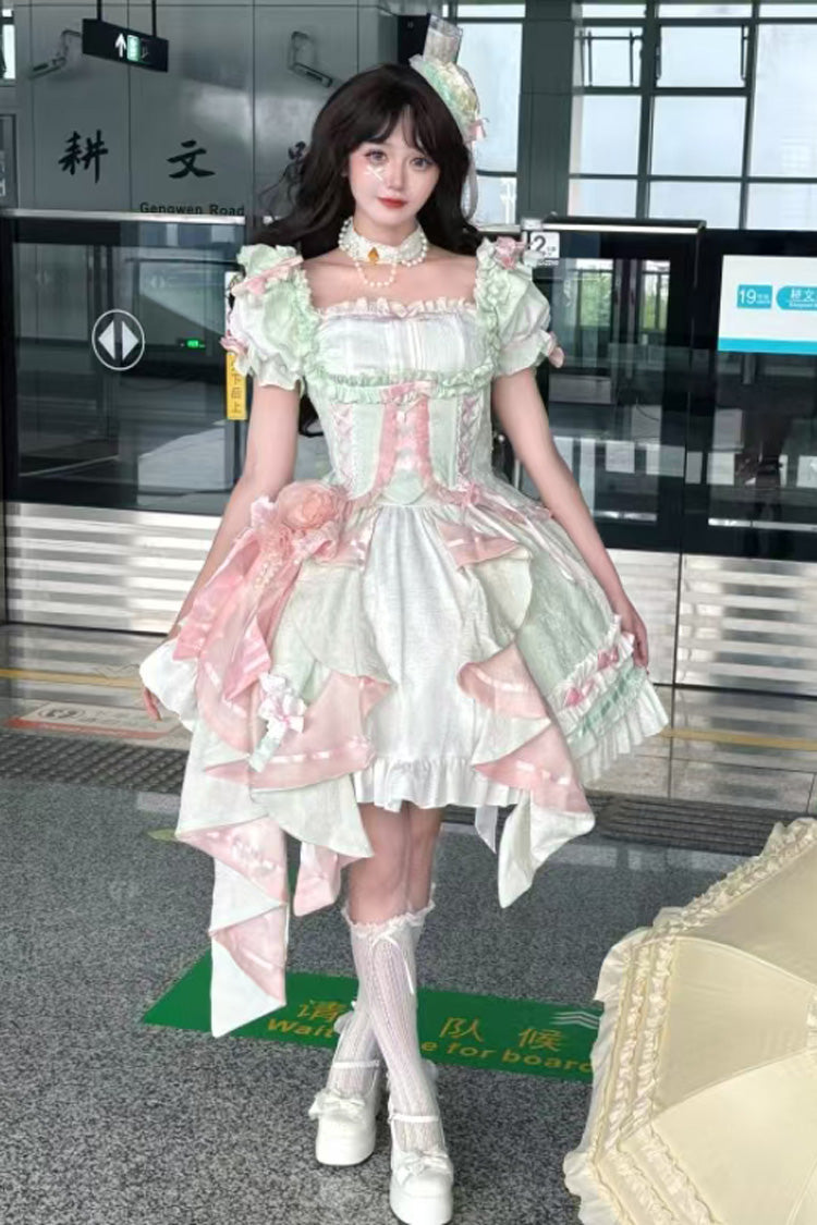[Spring Overture] Square Collar Short Sleeves Ruffle Cardigan Bowknot Lace Sweet Elegant Lolita Skirt Set 4 Colors - Product - 12