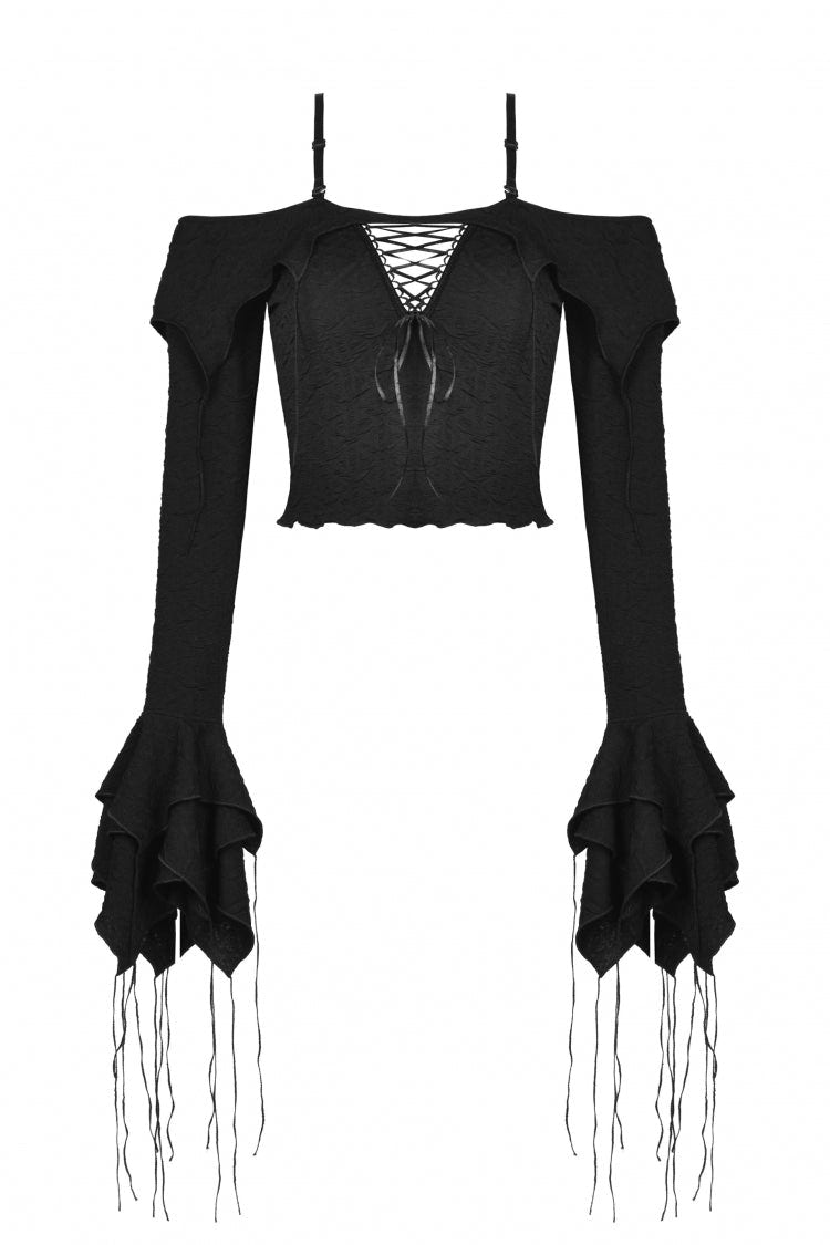 Black Off Shoulder Long Trumpet Sleeves Lace-Up Women's Gothic Sexy Crop Top - Product - 3
