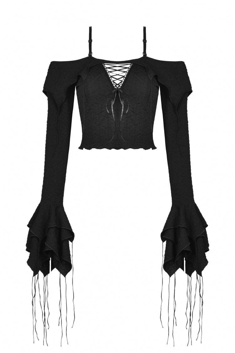 Black Off Shoulder Long Trumpet Sleeves Lace-Up Women's Gothic Sexy Crop Top - Product - 3