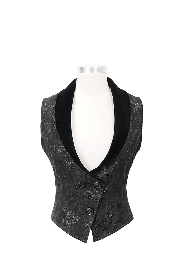 Black Velvet 3D Jacquard Low Collar Women's Gothic Waistcoat - Product - 6