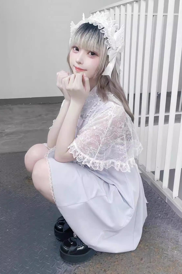 Lace Shawl Sleeveless Bowknot Chiffon Slim Jirai Kei Dress 2 Colors - Product - 9
