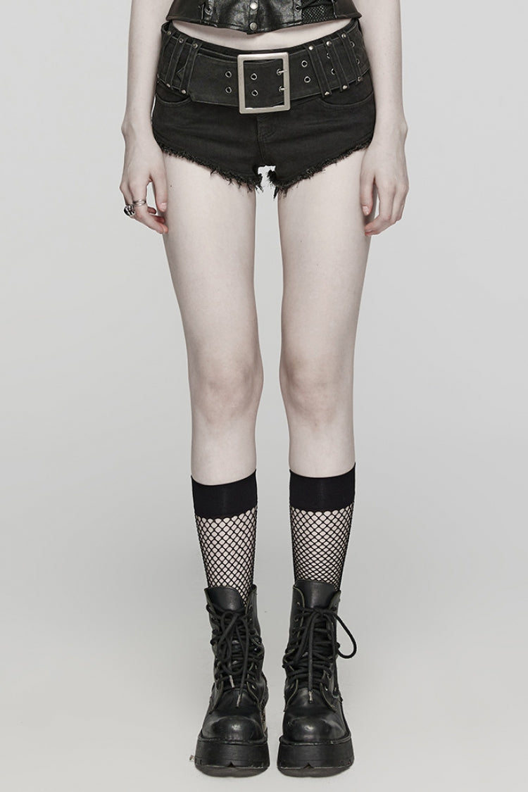 Black Denim Slim Buckle Eyelets Women's Steampunk Shorts - Black - 1