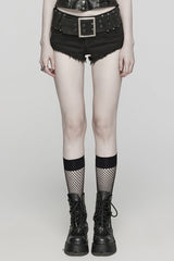 Black Denim Slim Buckle Eyelets Women's Steampunk Shorts - Black - 1