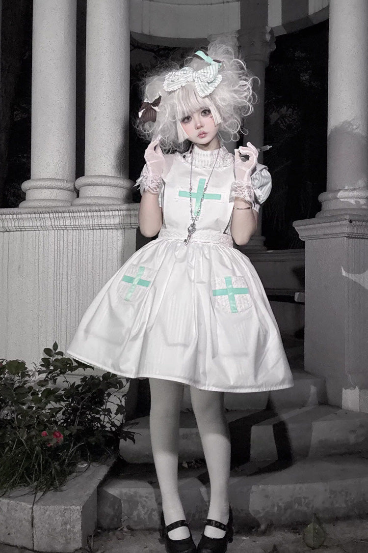 Light Green [Mint Prescription] Stand Collar Short Sleeves Vertical Stripe Printed Bow Sweet Lolita Nurse Dress - Product - 9