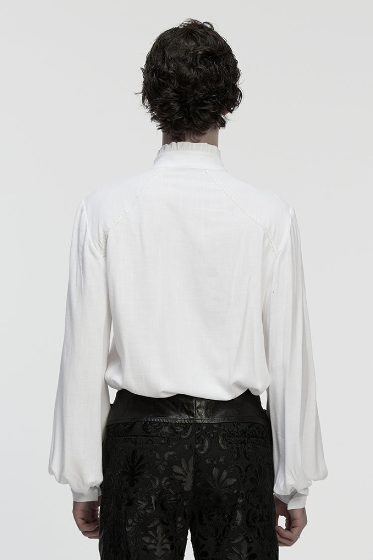 White Stand Collar Long Lantern Sleeves Floral Jacquard Men's Gothic Blouse - Product - 3