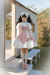 Cute Girl Doll Collar Hair Ball Christmas Princess Sweet Lolita JSK Dress Full Set - Pink - 6