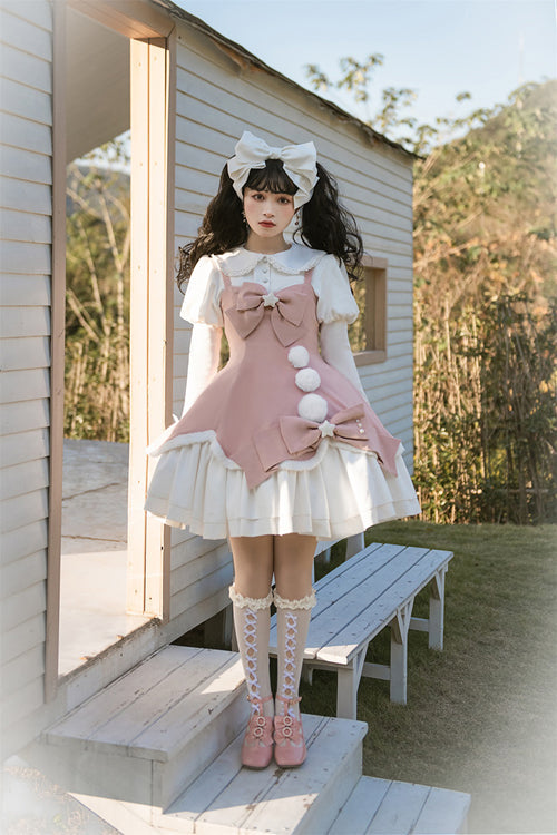 Cute Girl Doll Collar Hair Ball Christmas Princess Sweet Lolita JSK Dress Full Set - Pink - 6