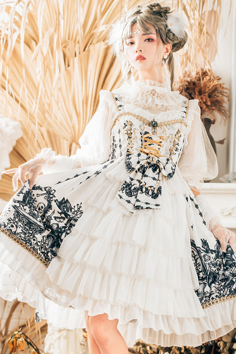 White Dragon Rider Print Ruffle Cardigan Bowknot Lace Gothic Lolita Jsk Dress - White - 1