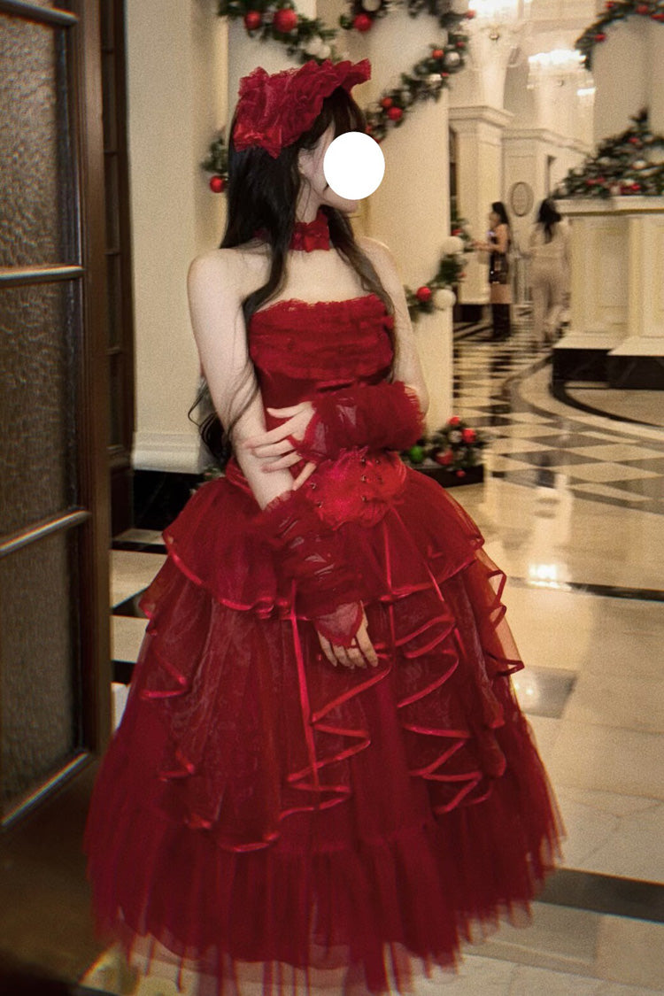 Red [The Summer Waves Sparkle] Square Collar Sleeveless Multi-Layered Ruffled Bow Lace-Up Slim Classic Lolita Skirt Set - Product - 14