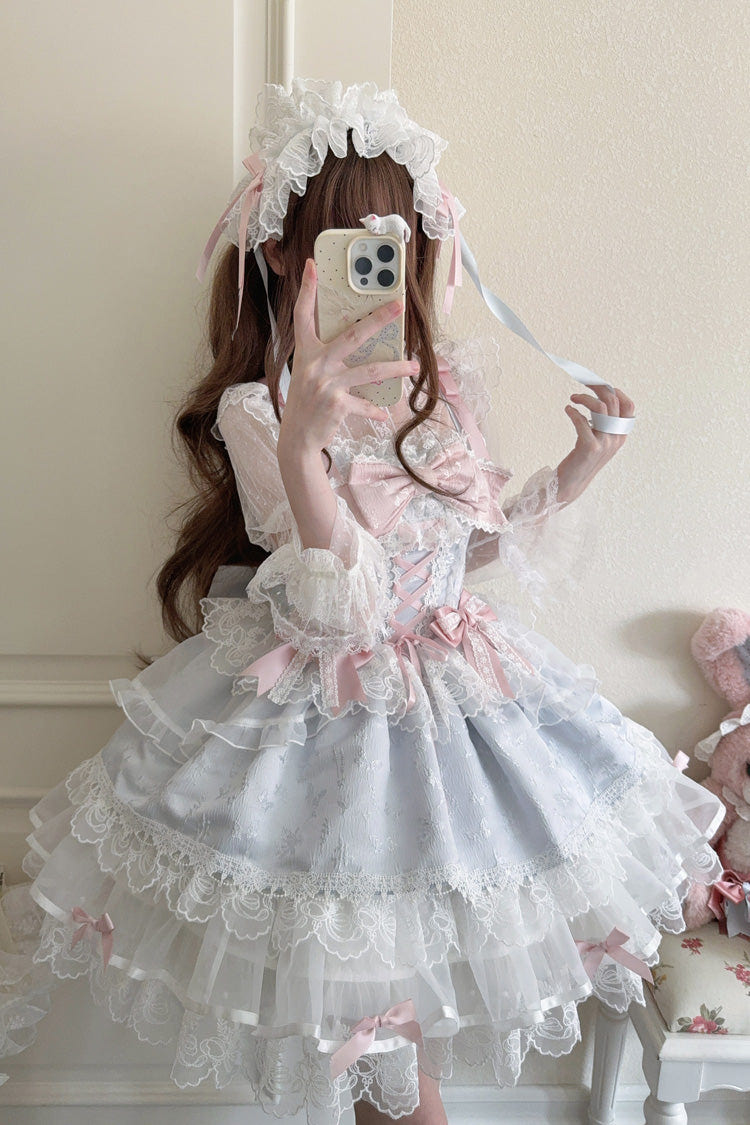Blue [Fleishi Island] Sleeveless Ruffle Bowknot Lace Slim Sweet Ballet Lolita Jsk Dress - Product - 7