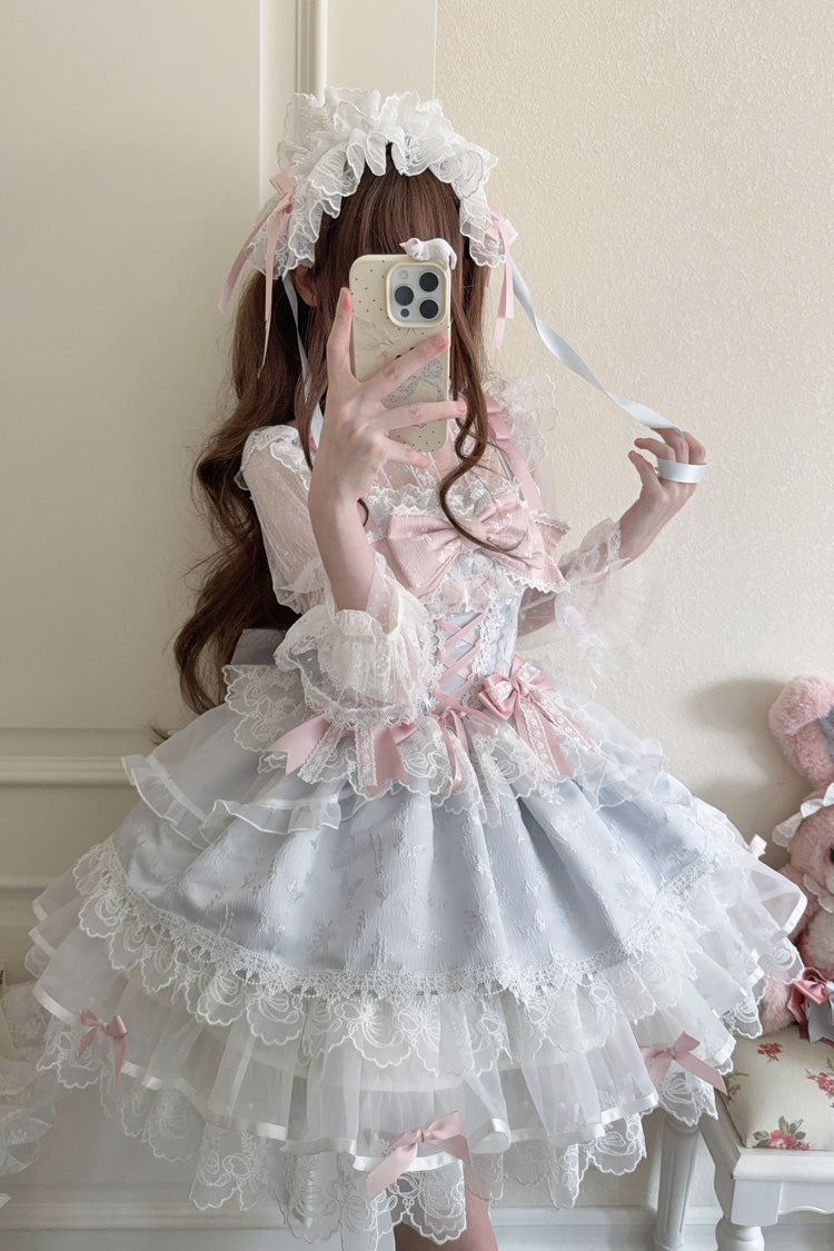 Blue [Fleishi Island] Sleeveless Ruffle Bowknot Lace Slim Sweet Ballet Lolita Jsk Dress - Product - 7