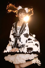 White/Black Navy Collar Headbow Ruffled Stitching Cow Print Sweet Lolita OP Dress - Product - 3