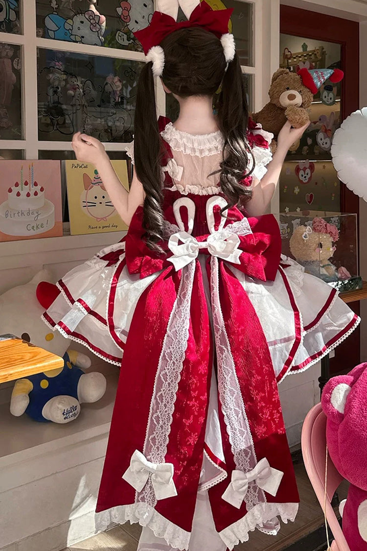 Red [Velvet Rabbit] Sleeveless Multi-Layered Ruffled Bow Sweet Lolita Jsk Dress Set - Product - 4