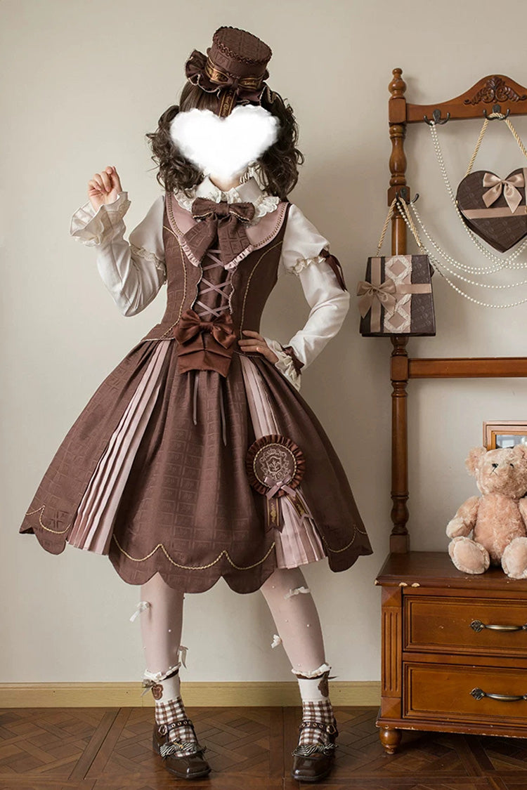 Brown [Teddy Chocolate Bar] Printed Embroidered Bow Lace-Up Classic Lolita Jsk Dress and Skirt - Product - 6