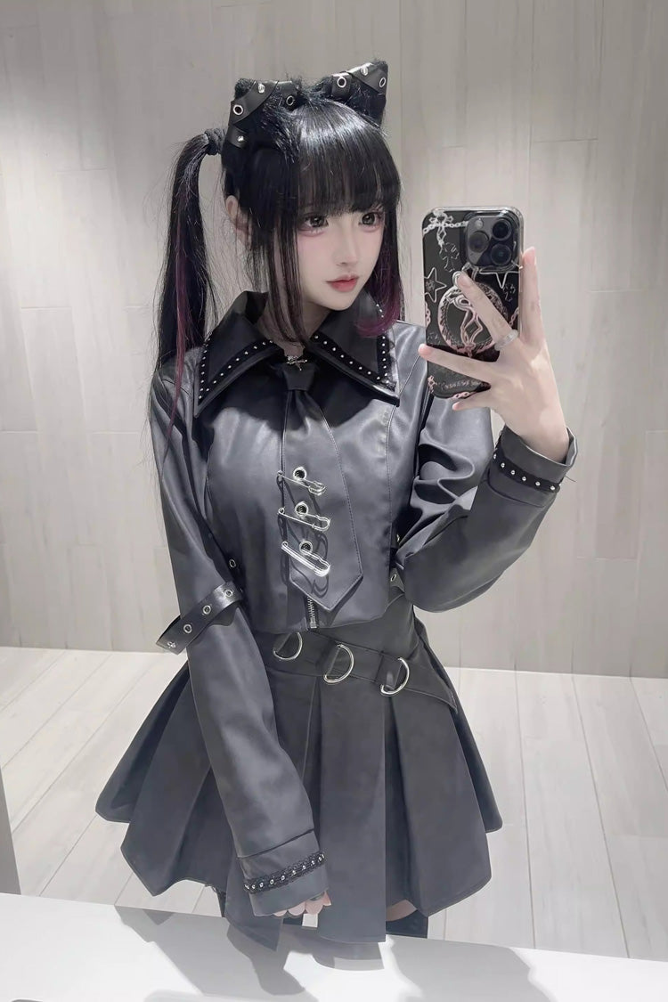Black [Eternal Night of Bones] Lapel Collar Long Sleeves Studded Eyelet Gothic Jirai Kei Japanese Handsome Top and Skirt Set - Product - 4
