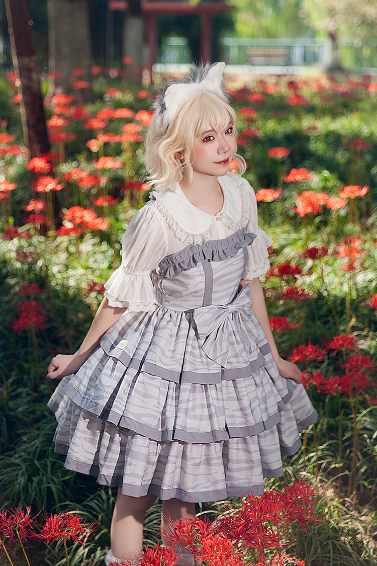 Grey [Cloth Cat] Triple-Layered Print Ruffle Bowknot Sweet Lolita Dress - Product - 5