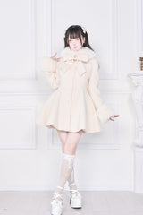 Apricot Plush Collar Long Sleeves Bowknot Japanese Sweet Lolita Coat - Product - 2