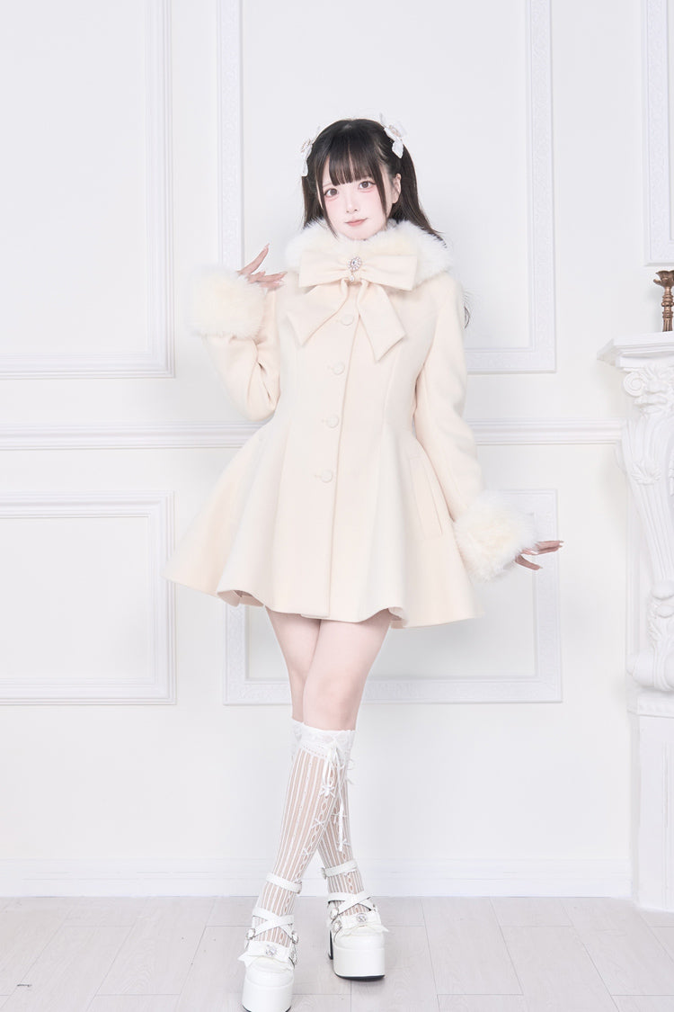 Apricot Plush Collar Long Sleeves Bowknot Japanese Sweet Lolita Coat - Product - 2