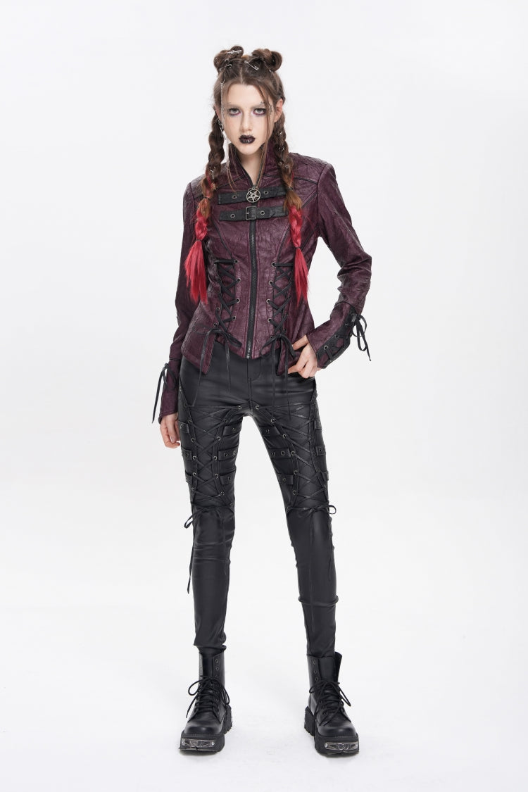 Red Pentacle Lace-Up Buckle Women's Punk Jacket - Product - 10