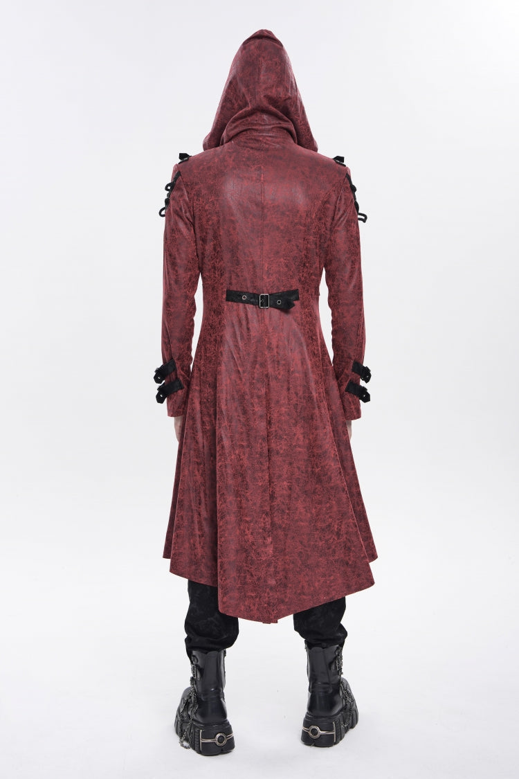 Red Stand Collar Long Sleeves Printed Spliced Studded Buckled Zippered Eyelet Men's Punk Cool Hooded Jacket - Product - 3