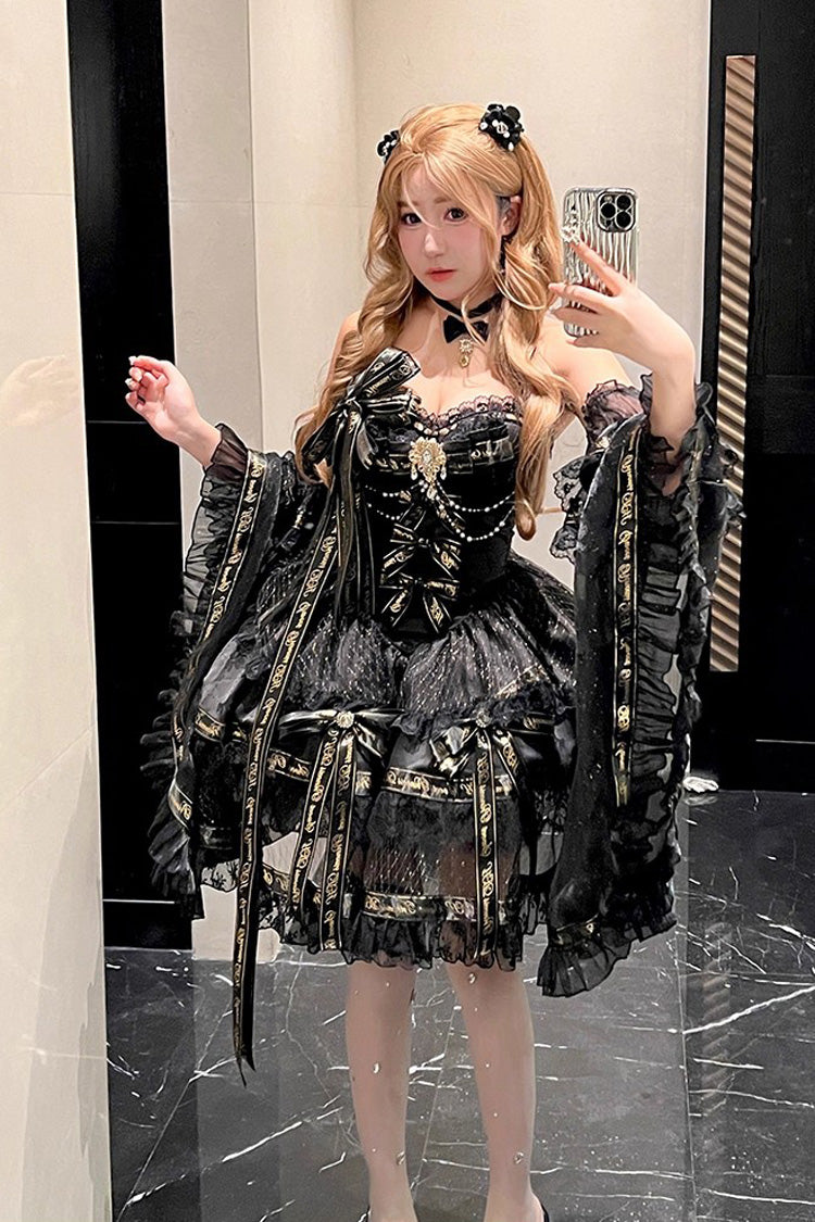 Black [Golden Obsidian Night] Sleeveless Double-Layered Ruffle Bowknot Pearl Gothic Princess Lolita Dress - Product - 6