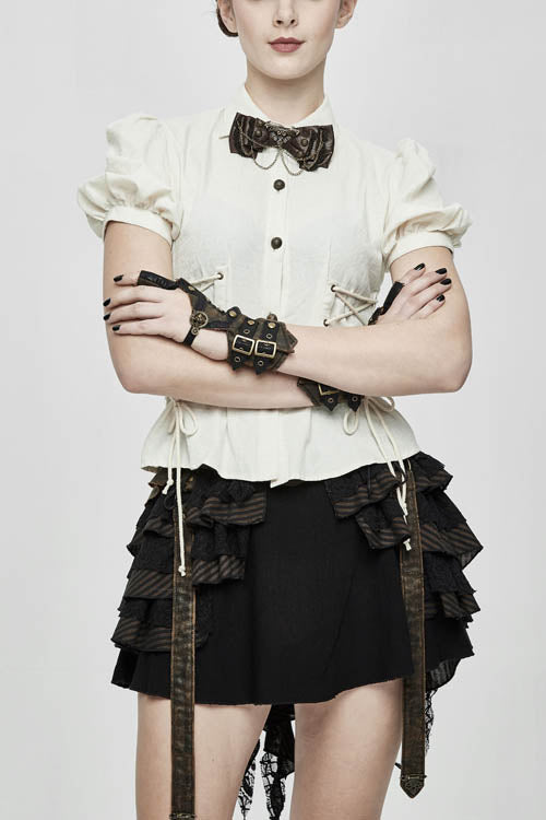 White Cotton Short Sleeves Slim Womens Punk Blouse - White - 1