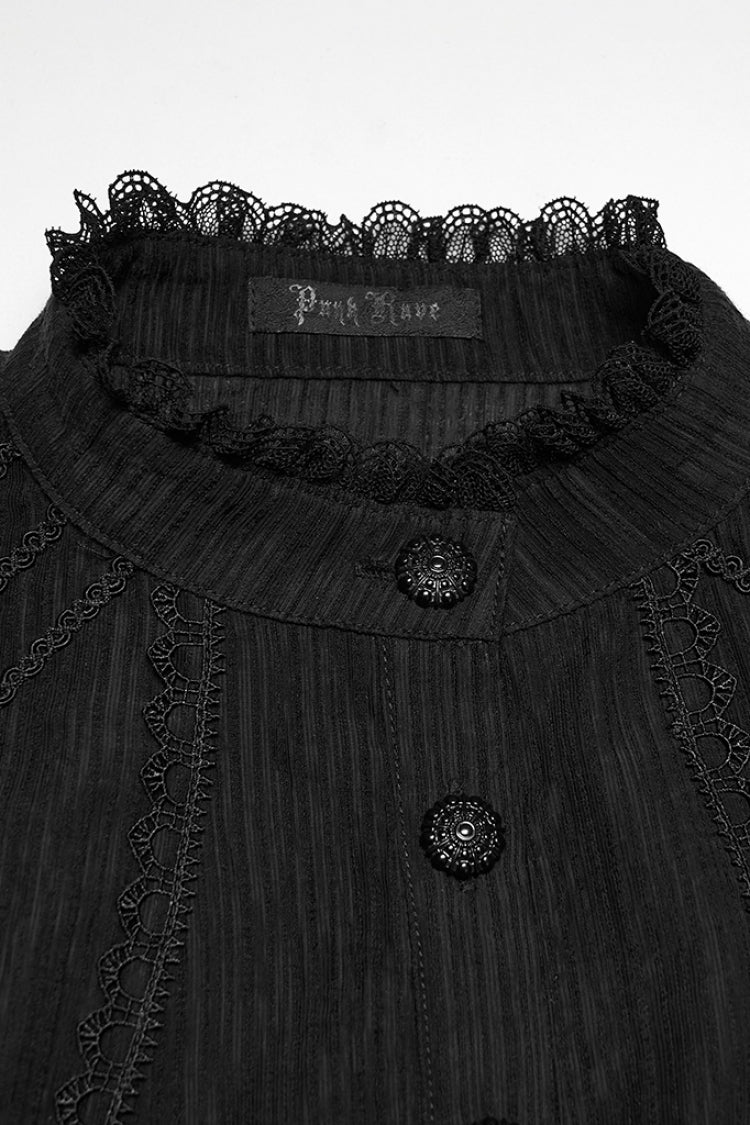 Black Stand Collar Short Puff Sleeves Ruffled Lace-Up Women's Gothic Blouse - Product - 5