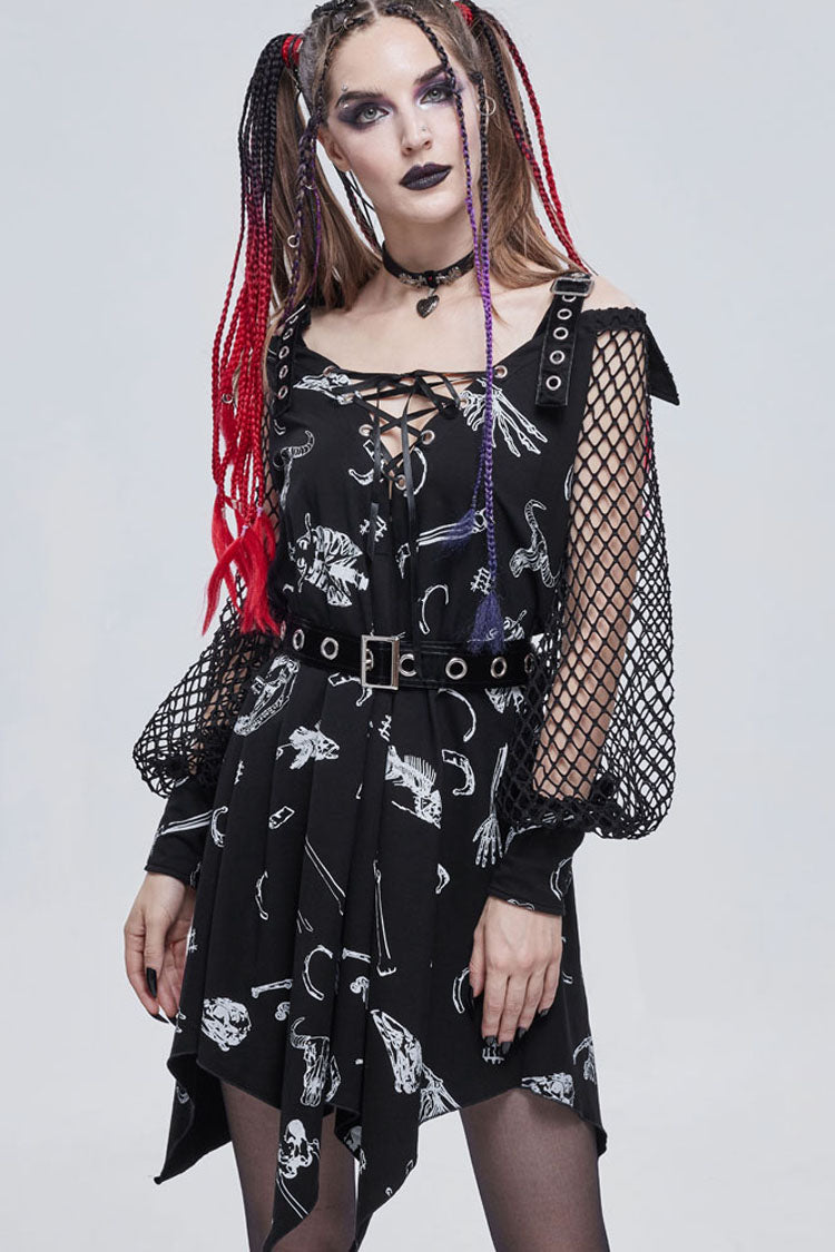 Black Gothic Knit Bone Print Sling Metal Grommet Strap Design Long Sleeve Women's Dress - Product - 2