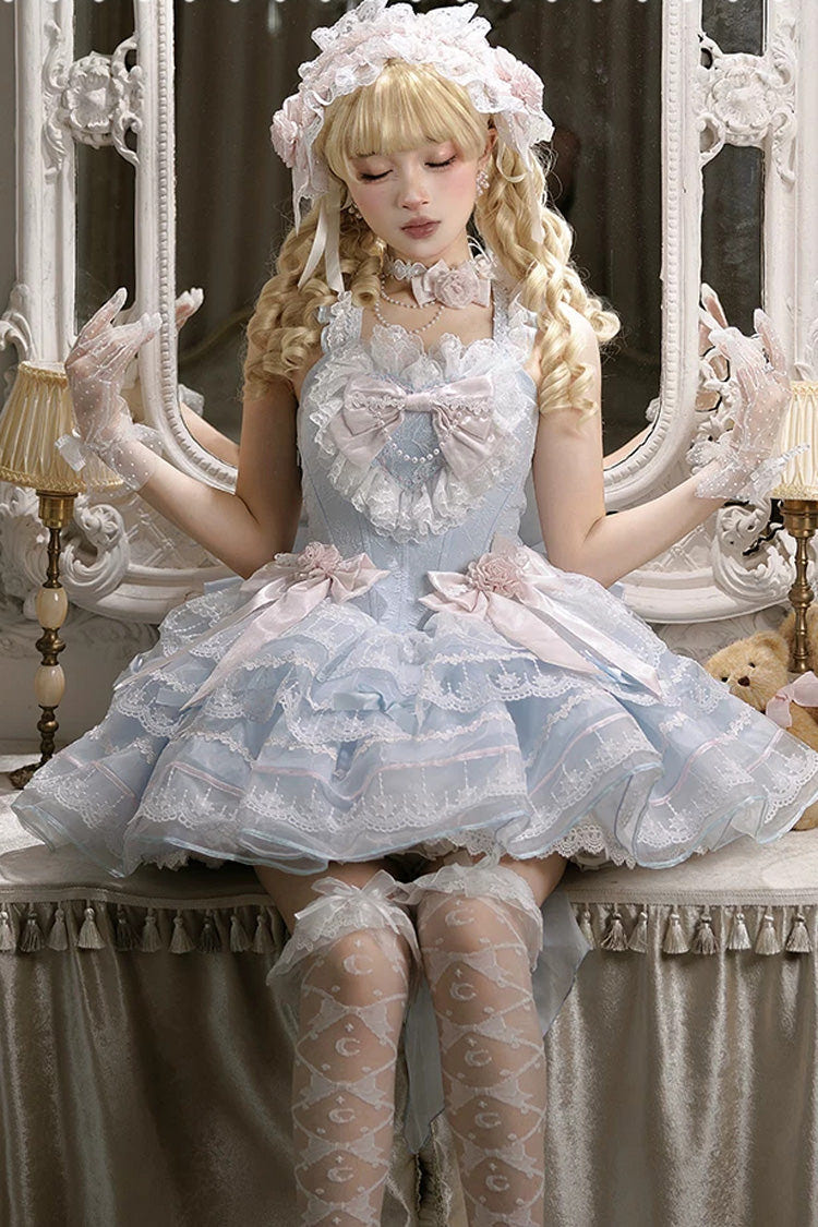 Blue [Crystal Isle] Square Collar Sleeveless Multi-Layered Jacquard Ruffled Bow Sweet Balletcore Lolita Tiered Dress - Product - 3