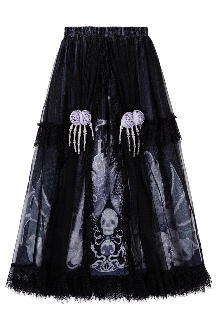 Black/Blue [Skull Magic] Print Ruffle Bowknot Gothic Elegant Lolita Skirt Two-Piece Set - Product - 4