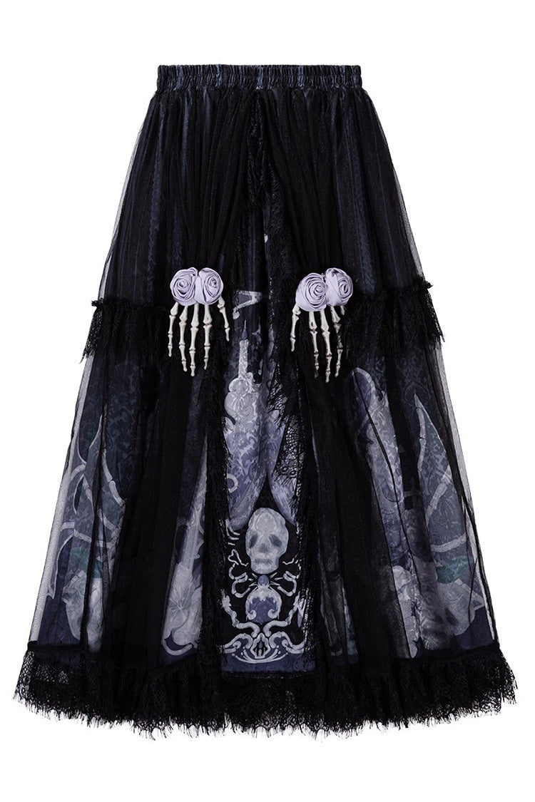 Black/Blue [Skull Magic] Print Ruffle Bowknot Gothic Elegant Lolita Skirt Two-Piece Set - Product - 4