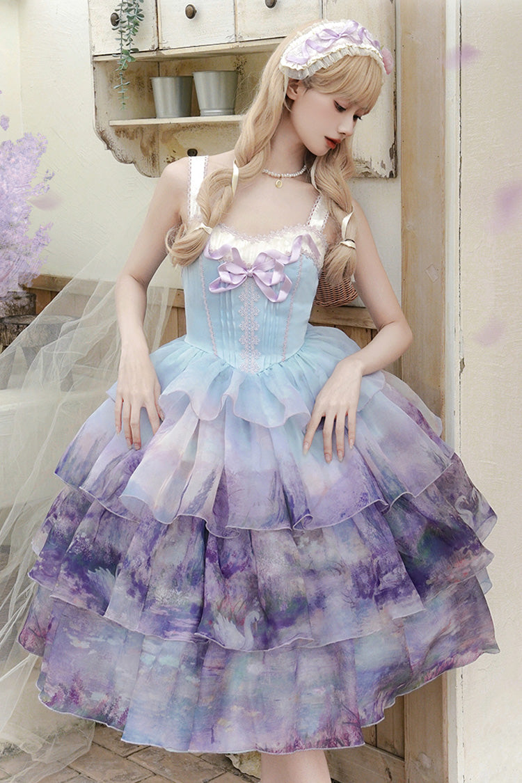 Multi-Color Three-layer Swan Lake Print Oil Painting Ruffle Bowknot Sweet Lolita Jsk Dress - Multi-Color - 1
