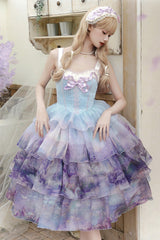 Multi-Color Three-layer Swan Lake Print Oil Painting Ruffle Bowknot Sweet Lolita Jsk Dress - Multi-Color - 1
