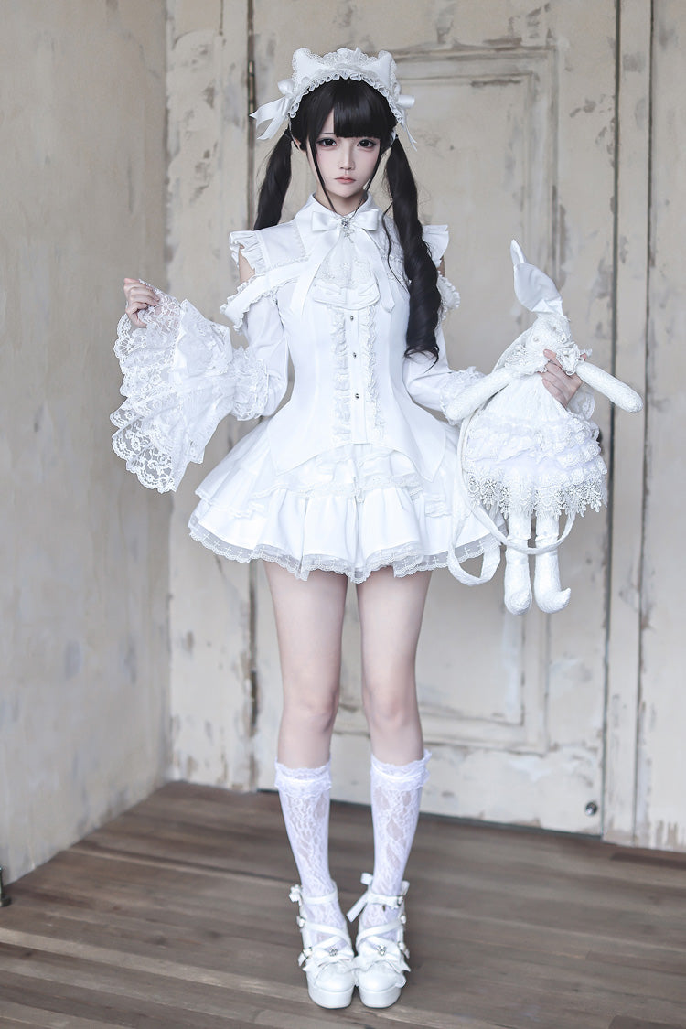 White [Snowy Night Princess] Lapel Collar Long Hime Sleeves Ruffled Bow Lace Gothic Jirai Kei Japanese Skirt Set - Product - 15