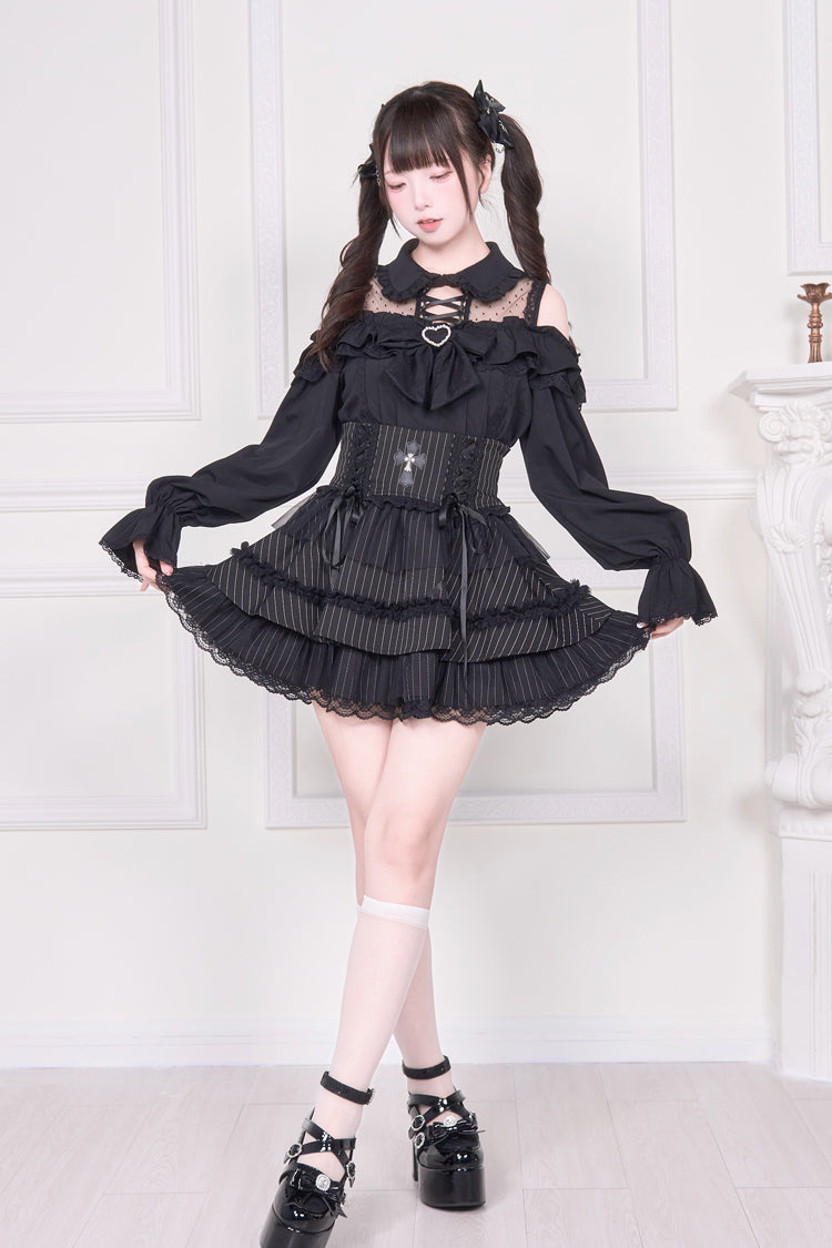 Jirai Kei Off Shoulder Long Sleeves Print Bowknot Lace-Up Sweet Japanese Blouse 3 Colors - Product - 14