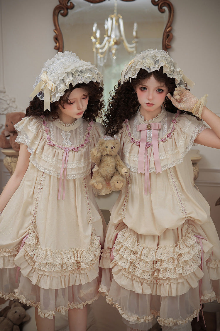 Apricot [Lily's Dream] Stand Collar Short Sleeves Loose-Fit Doll-Like Multi-Layered Ruffled Bow Lace Sweet Lolita Dress 2 Versions - Product - 10