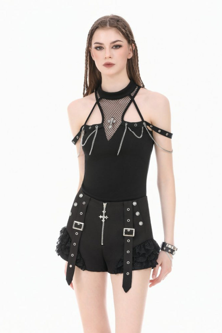 Black High Waisted Ruffled Lace Patchwork Buckled Straps Cross Zippered Women's Punk Shorts - Black - 1
