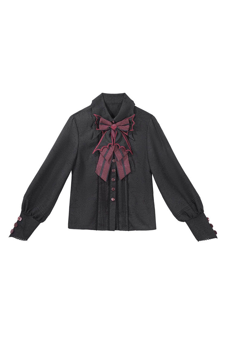 Black/Red [Demon Ritual] Stand Collar Long Lantern Sleeves Jacquard Embroidered Bow Gothic Prince Ouji Lolita Shorts Set - Top(Only) - 10