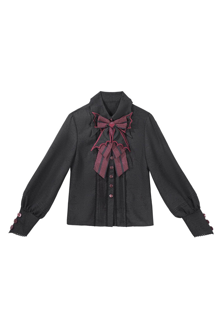 Black/Red [Demon Ritual] Stand Collar Long Lantern Sleeves Jacquard Embroidered Bow Gothic Prince Ouji Lolita Shorts Set - Top(Only) - 10